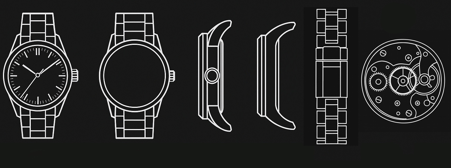 Sketch showing recommended photo angles for a watch